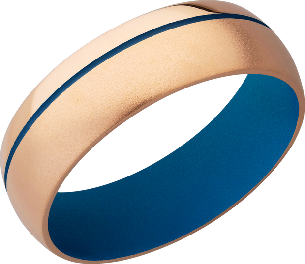 14K Rose Gold 7mm domed band with a .5mm off-centered groove featuring Sky Blue Cerakote