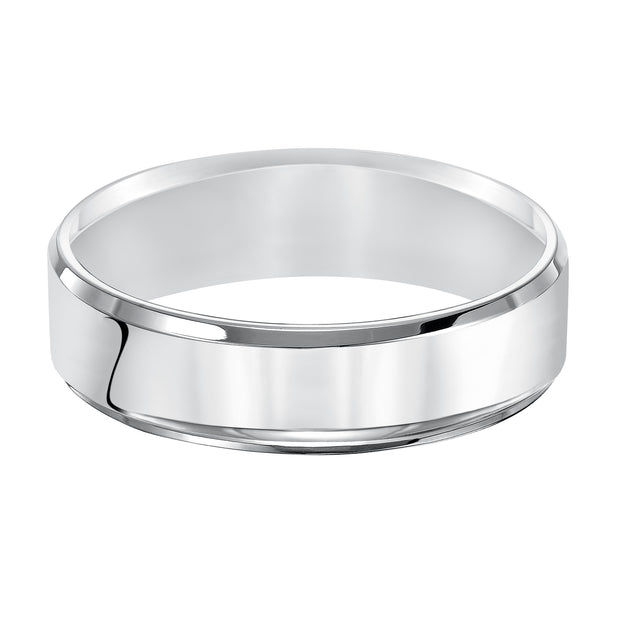 This Comfort Fit, wedding band is crisp and contemporary featuring a high polished beveled edge design