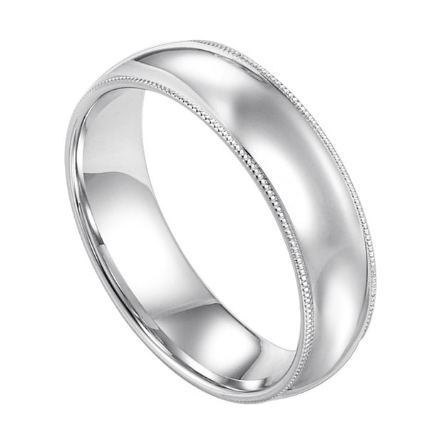 Classic styling is infused into this low-dome, Comfort Fit wedding band design featuring a high polished finish with delicate milgrain detailing