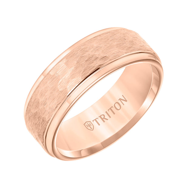 11-3288RC-G.00 - Goldman - 8mm Rose Tungsten carbide Step Edge Comfort Fit band with center hammered texture