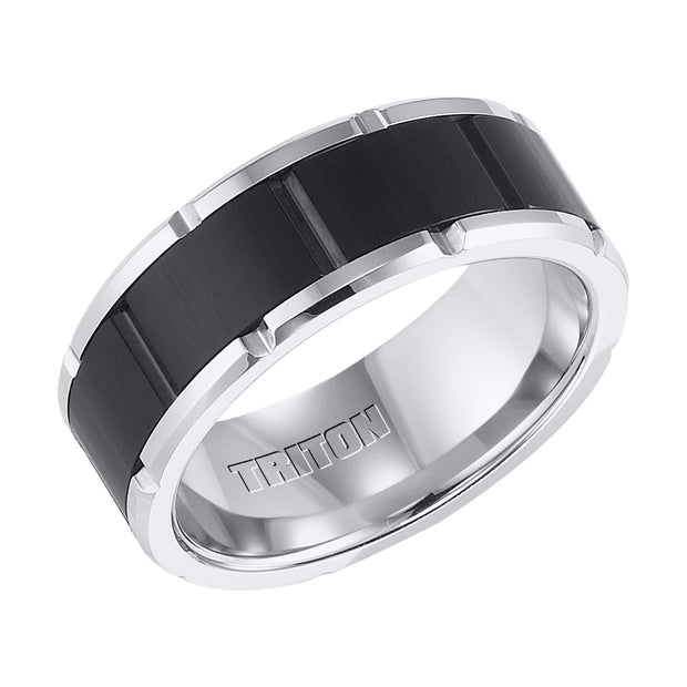 Black and White Tungsten Carbide Comfort Fit Band with Brick Engraving