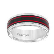 Tungsten Carbide Comfort Fit Mens White Band with Black Matte Center with Fire Red Stripes and Bright Round Rims