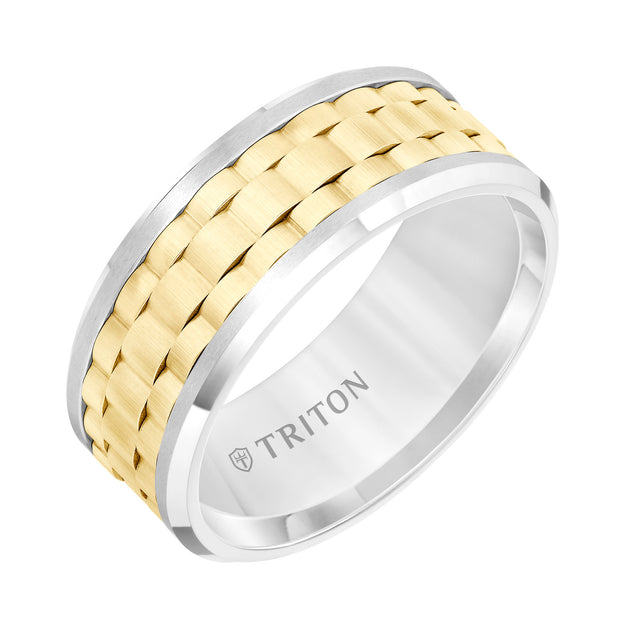 11-5997WC9-G.00 - Goldman - 9MM White Tungsten Carbide Flat Comfort Fit Band with Yellow Basket Weave Center and Flat Rims