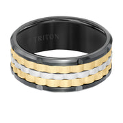 9MM Tungsten Carbide Ring - Basketweave Center & Bevel Edge