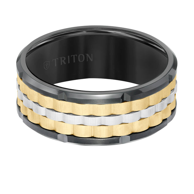 9MM Tungsten Carbide Ring - Basketweave Center & Bevel Edge