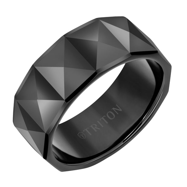 7mm White Tungsten Band with Faceted Pyramid Pattern