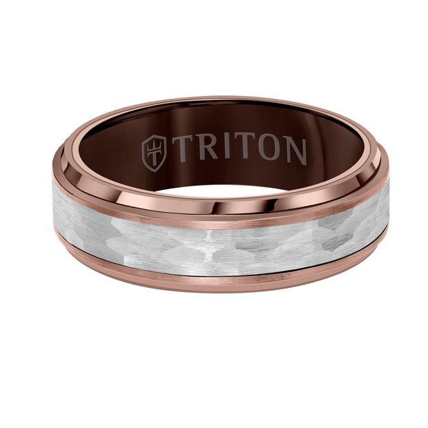 7MM Espresso Tungsten Carbide Ring - Hammered Center and Step Edge