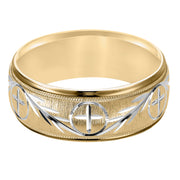 This finely crafted, two-tone gold, wedding band features an exquisite design, satin finish with milgrain and round edges