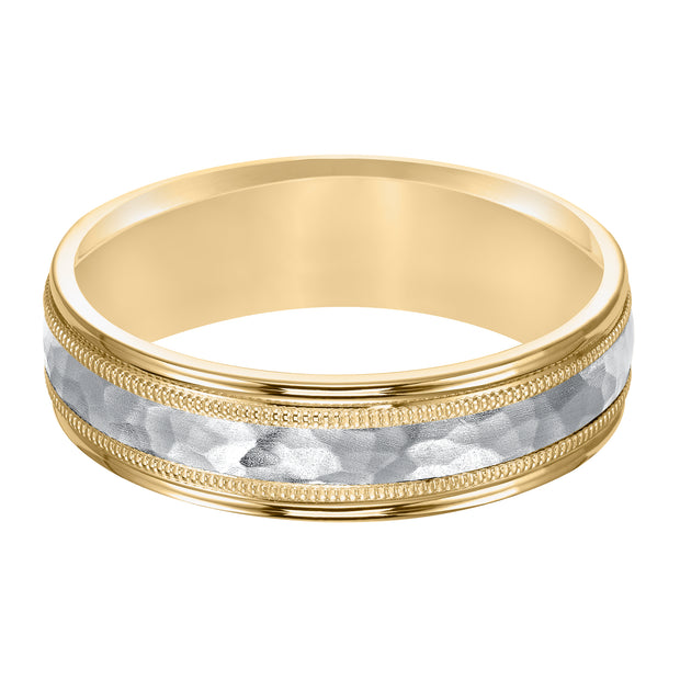 Comfort fit two tone wedding band with brushed hammered finish and milgrain Please note hand hammered styles will have slight variations due to the nature of the manufacturing process