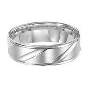 This Comfort Fit, wedding band features a flat, satin finish with modern, diagonal cuts and round edges for a unique look
