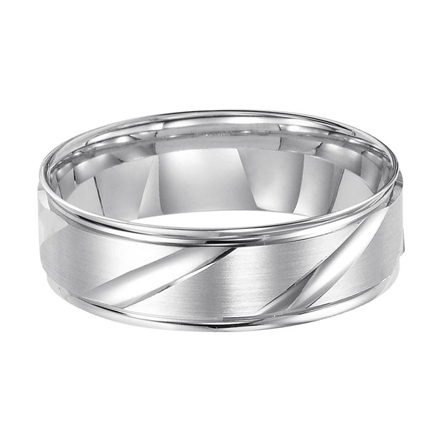 This Comfort Fit, wedding band features a flat, satin finish with modern, diagonal cuts and round edges for a unique look