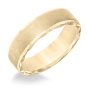 Mens wedding band with ultra satin finish bevel edge, side swiss cuts treatment and flat profile.