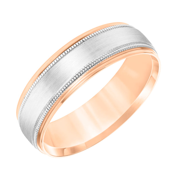 Mens Comfort Fit Wedding Band with Brush Center and Milgrain Accents and Polished Round Edge