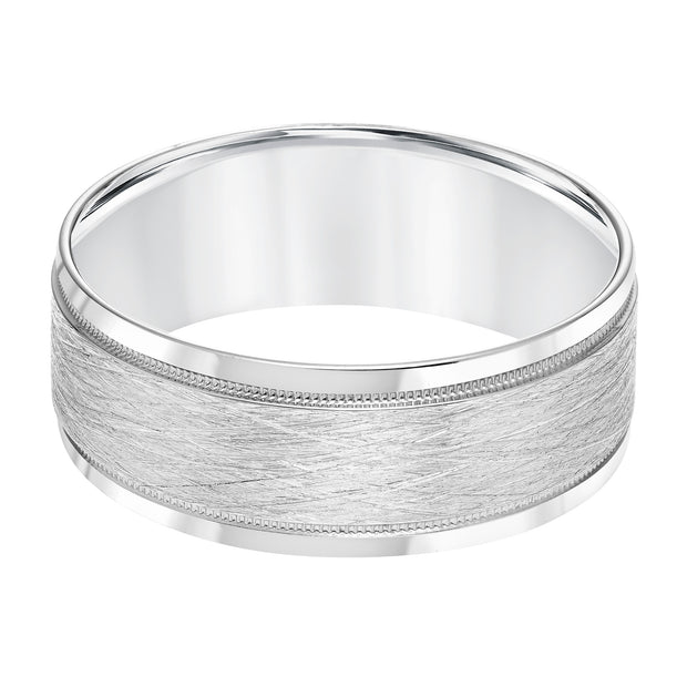 Mens Comfort Fit Wedding band with Wire Finish and Milgrain Accents and Polished Round Edge