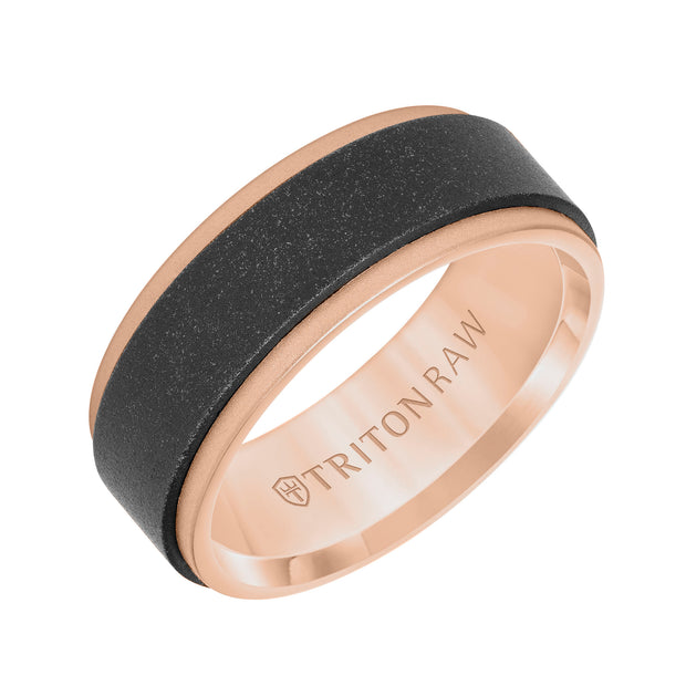11-RAW0129RBC8-G.00 - Goldman - 8MM Tungsten RAW Black DLC + 14K Rose Gold Ring - Flat Profile and Step Edge