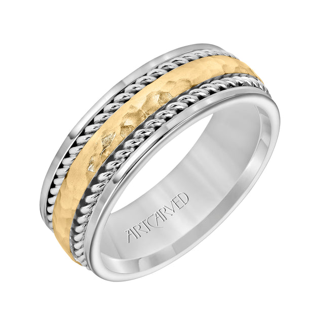 11-WV5018A-G.00 - Goldman - Comfort Fit wedding band with hammered finish rope design and rolled edges Please note hand hammered styles will have slight variations due to the nature of the manufacturing process