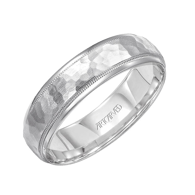 11-WV7173W6-G.00 - ARTCARVED - Comfort Fit wedding band with hammered satin finish and rolled edges Please note hand hammered styles will have slight variations due to the nature of the manufacturing process