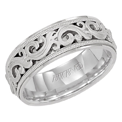 11-WV7300W-G.00 - Goldman - Comfort Fit wedding band with intricate, engraved scroll design, milgrain and flat edges