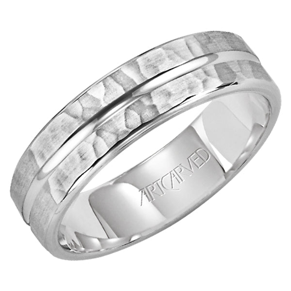 11-WV7365W-G.00 - ARTCARVED - Comfort Fit engraved wedding band with polished center groove Please note hand hammered styles will have slight variations due to the nature of the manufacturing process