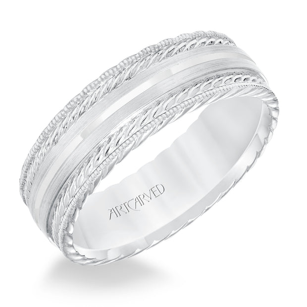11-WV8641W7-G.00 - Goldman - Mens wedding band with satin finish and milgrain edge, rope treatment on top and the sides with flat profile.