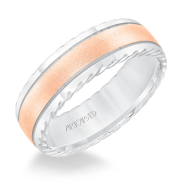 11-WV8642WR7-G.00 - ARTCARVED - Mens wedding band with soft sand finish and round edge, rope treatment on the side with milgrain accent and low dome profile.