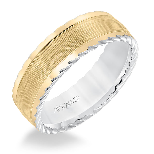 11-WV8645WY7-G.00 - Goldman - Mens wedding band with serrated finish and round edge, rope treatment on the side with a low dome profile.