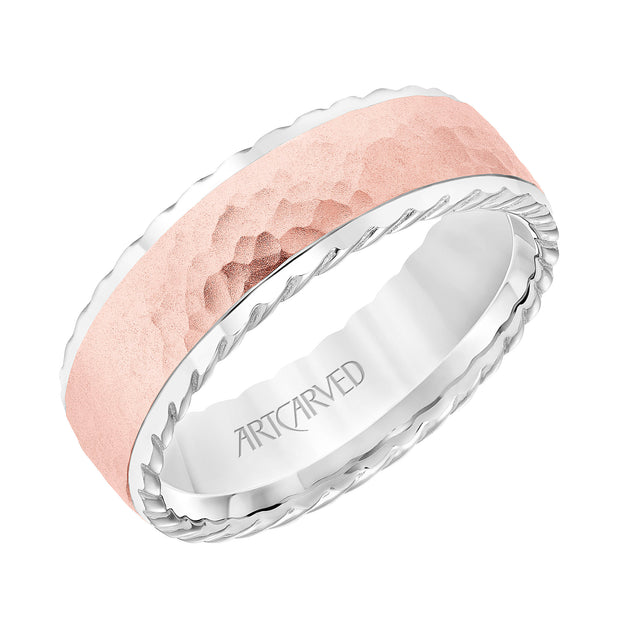 11-WV8727WR7-G.00 - Goldman - 7MM Wedding Band with Hammered Finish  Rope Edge Detail and Dome Profile Please note hand hammered styles will have slight variations due to the nature of the manufacturing process