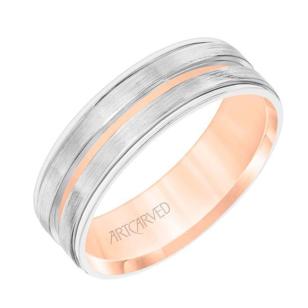 11-WV8798WR65-G.00 - ARTCARVED - Mens Comfort Fit Wedding Band with White Gold Exterior with Brushed Finish and Polished Cut Center with Polished Round Edge and Rose Gold Interior