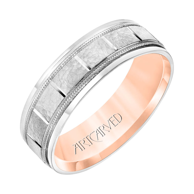 11-WV8832WR65-G.00 - ARTCARVED - Mens Comfort Fit Wedding Band with White Gold Exterior with Stone Finish and Polished Vertical Cut Center with Milgrain Accents, Polished Round Edge and Rose Gold