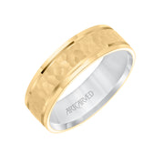 11-WV8833YW65-G.00 - ARTCARVED - Mens Comfort Fit wed Band with Yellow Gold Exterior with brushd Finish and hammerd Texture Center with Polished Flat Edge and White Gold Interior Pls note hand hammerd styles will have slight variations due to the nat