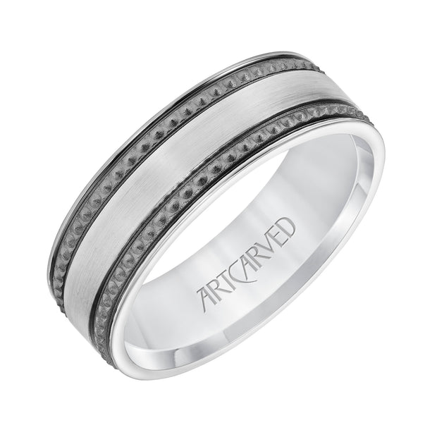 11-WV8847W7-G.00 - Goldman - 7MM Comfort Fit Wedding Band with Satin/Soft Sand Center and Textured Black Rhodium Detail