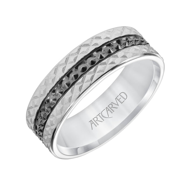 11-WV8848W7-G.00 - Goldman - Mens Comfort Fit Wedding Band with Criss Cross Satin/Soft Sand Engraved Design and Polished Textured Black Rhodium Center