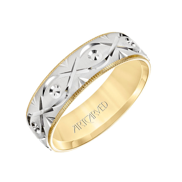 11-WV8876YW7-G.00 - ARTCARVED - Low Dome Milgrain Edge Carved Wedding Band
