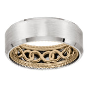 11-WV01A8-G.00 - Goldman - Mens Wedding Band with infinity pattern with rope edge inside and flat profile with bevel edge. Available in multiple white, yellow and rose gold color combinations.