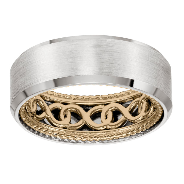 11-WV01A8-G.00 - Goldman - Mens Wedding Band with infinity pattern with rope edge inside and flat profile with bevel edge. Available in multiple white, yellow and rose gold color combinations.