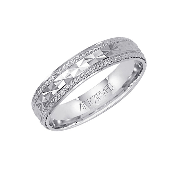 Comfort Fit wedding band with engraved design, rope detailing and rolled edges