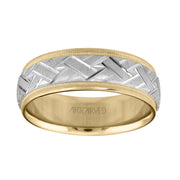 11-WV5572-G.00 - ARTCARVED - Comfort Fit wedding band with engraved design on a white insert, and yellow rolled edges with milgrain finish