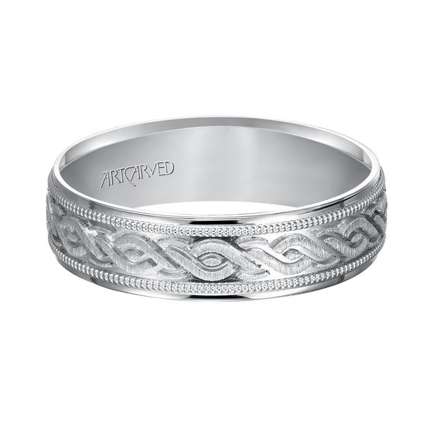 11-WV7322W-G.00 - ARTCARVED - Comfort Fit, engraved wedding band with milgrain detail and flat edgess