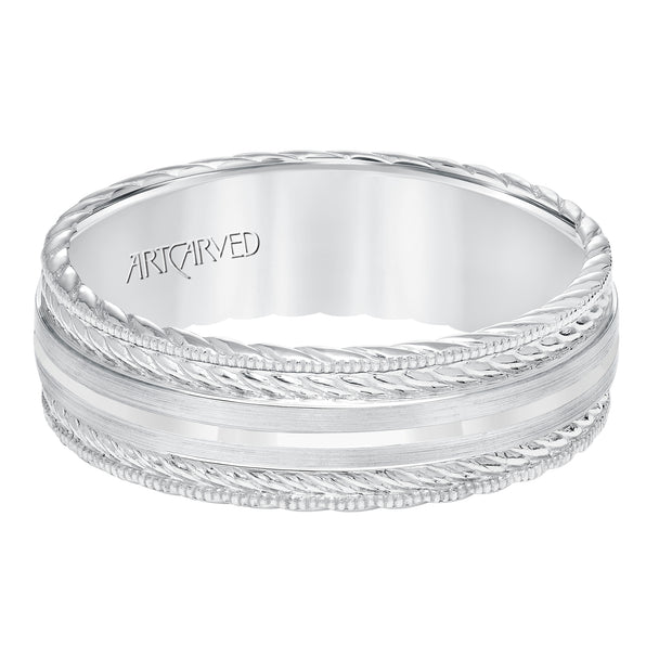 11-WV8641W7-G.00 - ARTCARVED - Mens wedding band with satin finish and milgrain edge, rope treatment on top and the sides with flat profile.