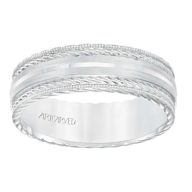 11-WV8641W7-G.00 - Goldman - Mens wedding band with satin finish and milgrain edge, rope treatment on top and the sides with flat profile.