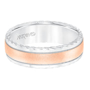11-WV8642WR7-G.00 - ARTCARVED - Mens wedding band with soft sand finish and round edge, rope treatment on the side with milgrain accent and low dome profile.