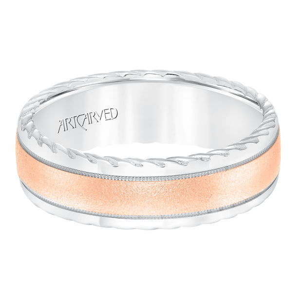 11-WV8642WR7-G.00 - ARTCARVED - Mens wedding band with soft sand finish and round edge, rope treatment on the side with milgrain accent and low dome profile.
