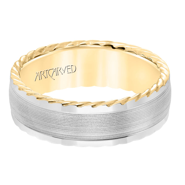 11-WV8645WY7-G.00 - ARTCARVED - Mens wedding band with serrated finish and round edge, rope treatment on the side with a low dome profile.