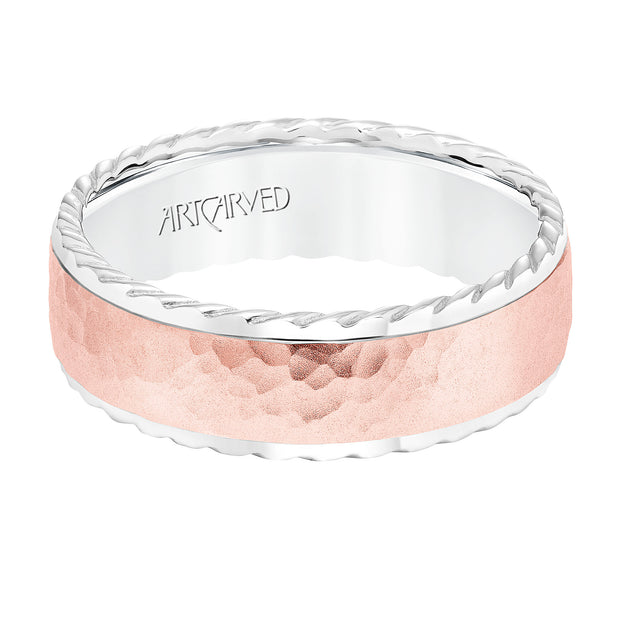 11-WV8727WR7-G.00 - ARTCARVED - 7MM Wedding Band with Hammered Finish  Rope Edge Detail and Dome Profile Please note hand hammered styles will have slight variations due to the nature of the manufacturing process