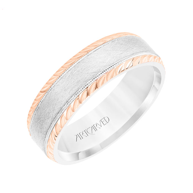 Mens Wedding Band with Domed Crystalline Finish Center with Milgrain and Leaf Design Beveled Edge