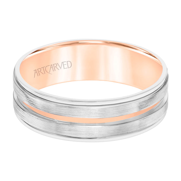 11-WV8798WR65-G.00 - ARTCARVED - Mens Comfort Fit Wedding Band with White Gold Exterior with Brushed Finish and Polished Cut Center with Polished Round Edge and Rose Gold Interior