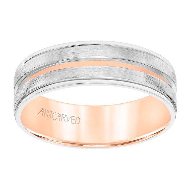 11-WV8798WR65-G.00 - ARTCARVED - Mens Comfort Fit Wedding Band with White Gold Exterior with Brushed Finish and Polished Cut Center with Polished Round Edge and Rose Gold Interior