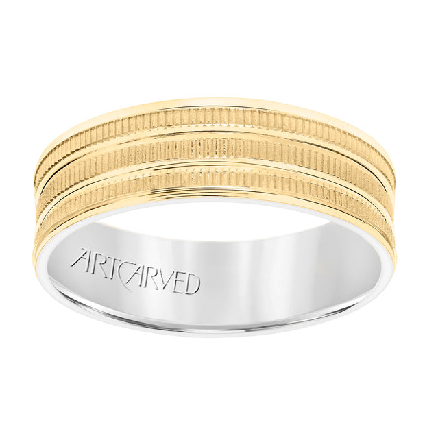 11-WV8830YW65-G.00 - ARTCARVED - Mens Comfort Fit Wedding Band with Yellow Gold Exterior with Coin Finish with Polished Flat Cuts and Polished Flat Edge with White Gold Interior