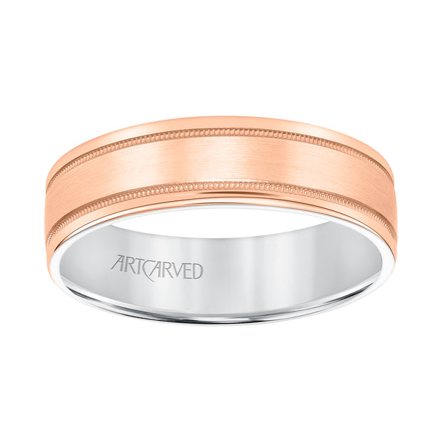 11-WV8831RW6-G.00 - ARTCARVED - Mens Comfort Fit Wedding Band with Rose Gold Exterior with Brushed Center with Milgrain Accents and Polished Round Edge with White Gold Interior