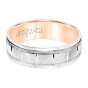 11-WV8832WR65-G.00 - ARTCARVED - Mens Comfort Fit Wedding Band with White Gold Exterior with Stone Finish and Polished Vertical Cut Center with Milgrain Accents, Polished Round Edge and Rose Gold